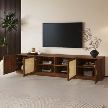 78" TV Stand for TVs Up to 85", TV Console for Living Room, Media Console with Rattan Doors, Adjustable Shelf TV Stand for Bedroom