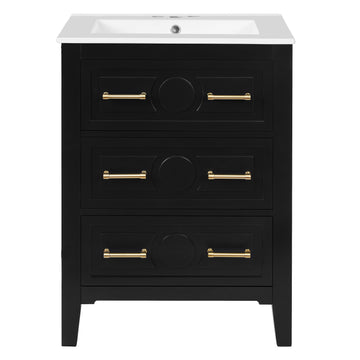24 Inch Retro Bathroom Vanity with Ceramic Sink and Three Drawers Black
