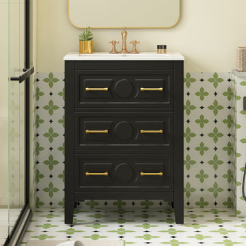 24 Inch Retro Bathroom Vanity with Ceramic Sink and Three Drawers Black