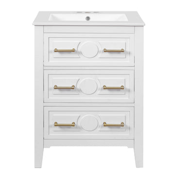 24 Inch Retro Bathroom Vanity with Ceramic Sink and Three Drawers White