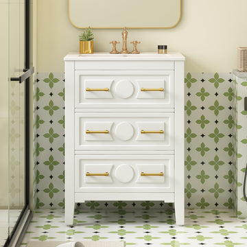 24 Inch Retro Bathroom Vanity with Ceramic Sink and Three Drawers White