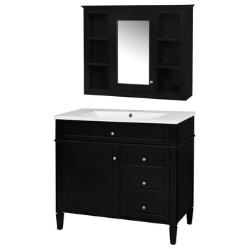 36 Inch Bathroom Vanity Set with Mirror Cabinet Resin Sink 3 Drawers 2 Doors Black