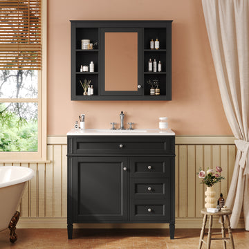 36 Inch Bathroom Vanity Set with Mirror Cabinet Resin Sink 3 Drawers 2 Doors Black