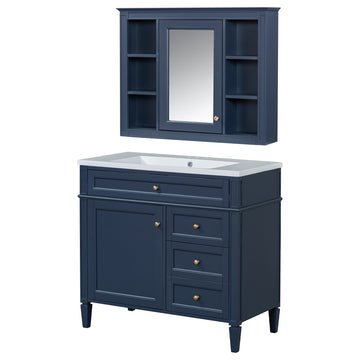 36 Inch Bathroom Vanity Set with Mirror Cabinet Resin Sink 3 Drawers 2 Doors Blue