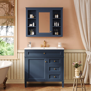 36 Inch Bathroom Vanity Set with Mirror Cabinet Resin Sink 3 Drawers 2 Doors Blue