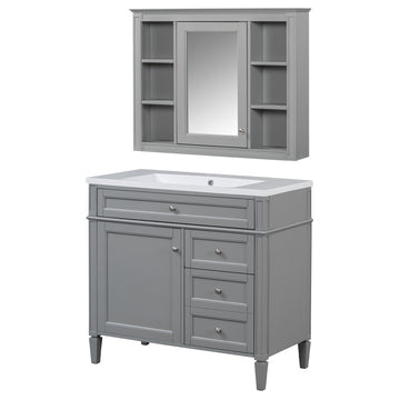 36 Inch Bathroom Vanity Set with Mirror Cabinet Resin Sink 3 Drawers 2 Doors Gray