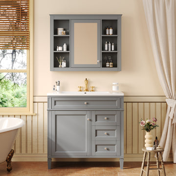 36 Inch Bathroom Vanity Set with Mirror Cabinet Resin Sink 3 Drawers 2 Doors Gray