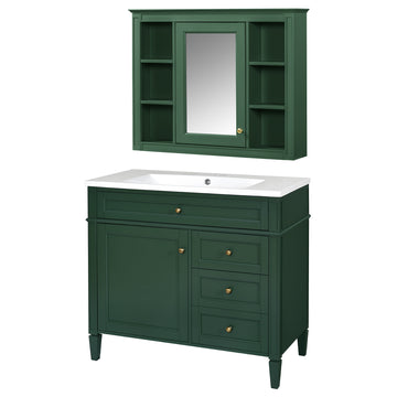 36 Inch Bathroom Vanity Set with Mirror Cabinet Resin Sink 3 Drawers 2 Doors Green