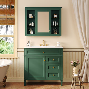 36 Inch Bathroom Vanity Set with Mirror Cabinet Resin Sink 3 Drawers 2 Doors Green