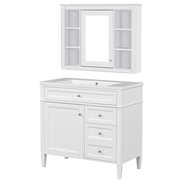 36 Inch Bathroom Vanity Set with Mirror Cabinet Resin Sink 3 Drawers 2 Doors White