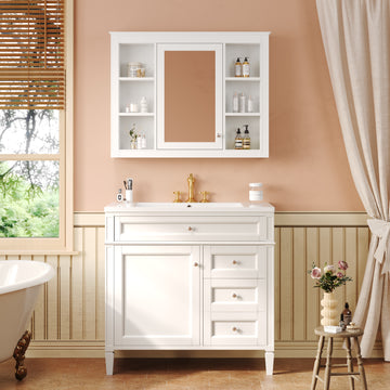 36 Inch Bathroom Vanity Set with Mirror Cabinet Resin Sink 3 Drawers 2 Doors White
