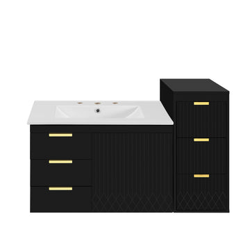 30 Inch Wall Mounted Bathroom Vanity with Side Cabinet and Ceramic Sink Black