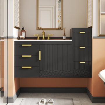 30 Inch Wall Mounted Bathroom Vanity with Side Cabinet and Ceramic Sink Black