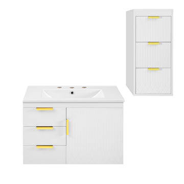 30 Inch Wall Mounted Bathroom Vanity with Side Cabinet and Ceramic Sink White