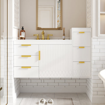 30 Inch Wall Mounted Bathroom Vanity with Side Cabinet and Ceramic Sink White