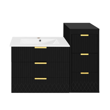 24 Inch Wall Mounted Modern Bathroom Vanity with Ceramic Sink and Side Cabinet Black