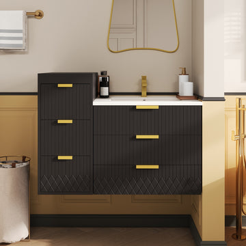 24 Inch Wall Mounted Modern Bathroom Vanity with Ceramic Sink and Side Cabinet Black