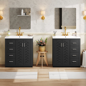 24 Inch Freestanding Bathroom Vanity with Ceramic Sink Three Drawers Solid Wood Frame Black