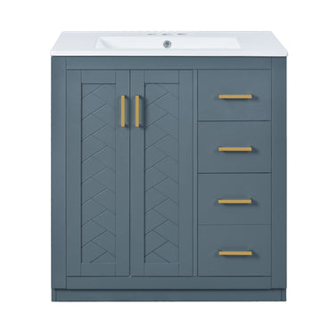 24 Inch Freestanding Bathroom Vanity with Ceramic Sink Three Drawers Solid Wood Frame Blue