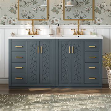 24 Inch Freestanding Bathroom Vanity with Ceramic Sink Three Drawers Solid Wood Frame Blue