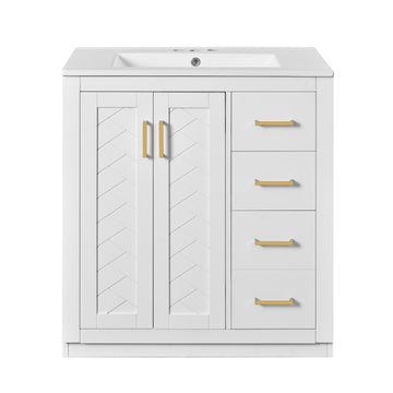 24 Inch Freestanding Bathroom Vanity with Ceramic Sink Three Drawers Solid Wood Frame White