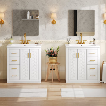 24 Inch Freestanding Bathroom Vanity with Ceramic Sink Three Drawers Solid Wood Frame White