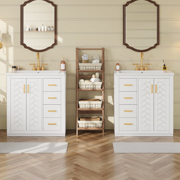 60 Inch Bathroom Vanity Set with Ceramic Sink and Solid Wood Frame White