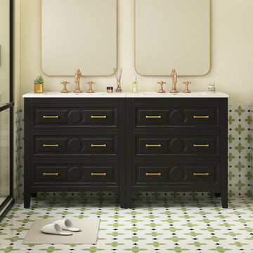 60 Inch Bathroom Vanity with Separate Ceramic Sink and Drawer Storage Black