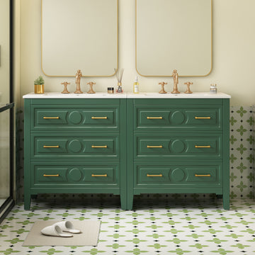 60 Inch Bathroom Vanity with Separate Ceramic Sink and Drawer Storage Green