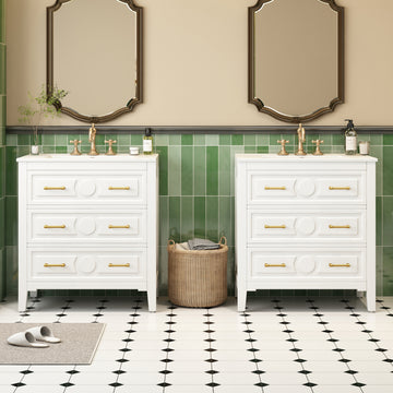 60 Inch Bathroom Vanity with Separate Ceramic Sink and Drawer Storage White