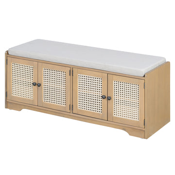 Rustic Storage Bench with Cushion Rattan Doors and Adjustable Shelves for Entryway and Living Room Brown