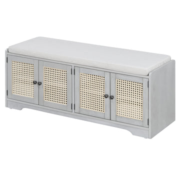 Rustic Storage Bench with Cushion Rattan Doors and Adjustable Shelves for Entryway and Living Room Grey