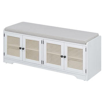 Rustic Storage Bench with Cushion Rattan Doors and Adjustable Shelves for Entryway and Living Room White