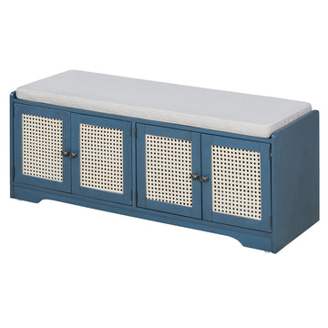 Rustic Storage Bench with Cushion Rattan Doors and Adjustable Shelves for Entryway and Living Room Blue