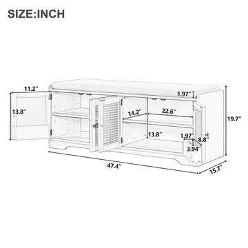 Rustic Storage Bench with Cushion Rattan Doors and Adjustable Shelves for Entryway and Living Room Blue