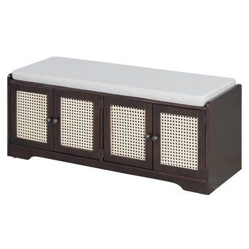 Rustic Storage Bench with Cushion Rattan Doors and Adjustable Shelves for Entryway and Living Room Espresso