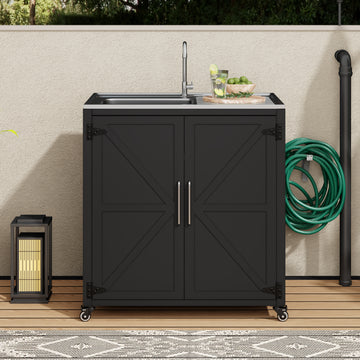 Outdoor Kitchen Island Steel Sink Iron Frame Black