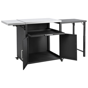 Compact Outdoor Kitchen Island Foldable Top Iron Frame Black