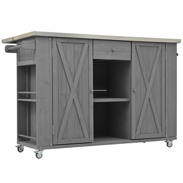 Outdoor Kitchen Island Fir Wood Kitchen Island with Stainless Steel Top, Ample Storage Space, Towel and Spice Racks and a Bottle Opener for Outdoor, Grey
