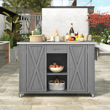 Outdoor Kitchen Island Fir Wood Kitchen Island with Stainless Steel Top, Ample Storage Space, Towel and Spice Racks and a Bottle Opener for Outdoor, Grey
