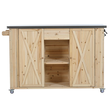 Outdoor Kitchen Island Fir Wood Kitchen Island with Stainless Steel Top, Ample Storage Space, Towel and Spice Racks and a Bottle Opener for Outdoor, Natural
