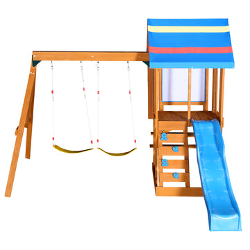 Blue 94.5 in.W x 131.1 in.D x 96.4 in.H Wooden Outdoor Swing Set with Slide and Rock Wall
