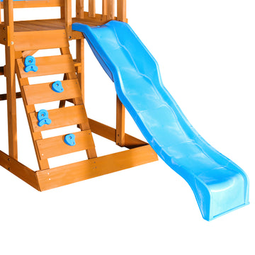 Blue 94.5 in.W x 131.1 in.D x 96.4 in.H Wooden Outdoor Swing Set with Slide and Rock Wall
