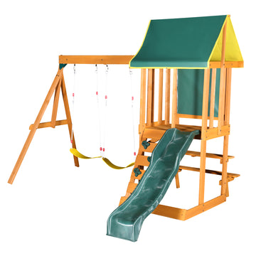 Green 94.5 in. W x 131.1 in. D x 96.4 in. H Wooden Outdoor Swing Set with Slide and Rock Wall