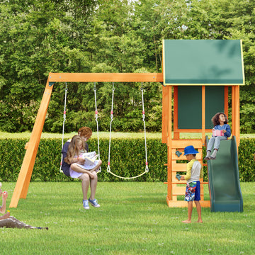 Green 94.5 in. W x 131.1 in. D x 96.4 in. H Wooden Outdoor Swing Set with Slide and Rock Wall