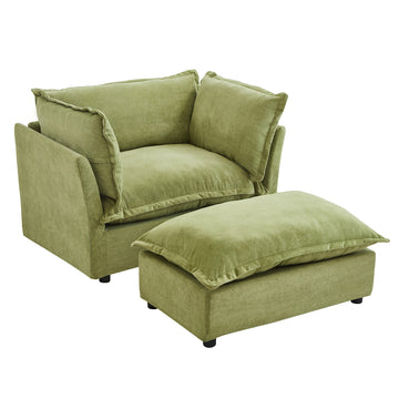 Modern Armchair Sofa 47 inch Cozy Upholstered Sofa Chair with Movable Ottoman Wide Seat Curved Armrests and Soft Pillows for Living Room BedroomGreen