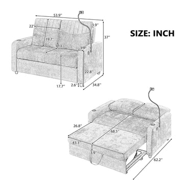 53.9 inch Modern Loveseat Pull-out Sofa Bed with Adjustable Backrest Two Cup Holders a Phone Holder Three Charging Ports and Side Storage Pockets for Living Room Grey
