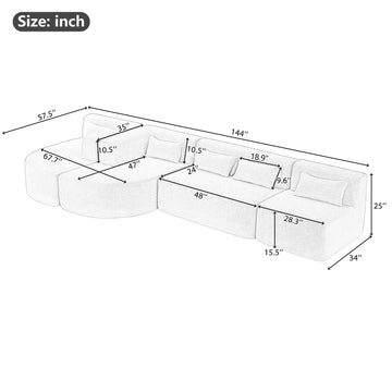 144 inch Upholstered Sofa Free-combined Sofa Couch with Two Chaise Lounge and Five Back Pillows for Living Room