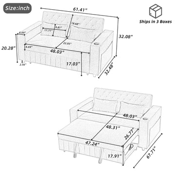 61.4 inch Pull-out Sofa Bed Convertible Couch Loveseat Sofa Modern Sleeper Sofa with Adjustable Backrest for Living Room Beige