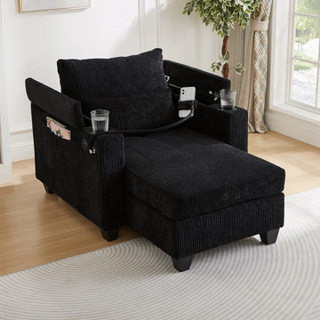 Convertible Chaise Lounge 37.4 inch Sofa Chair Sofa Bed Corduroy Sleeper Sofa with USB Ports Two Cup Holders Phone Holder and Ample Storage Space for Living Room and Bedroom Black